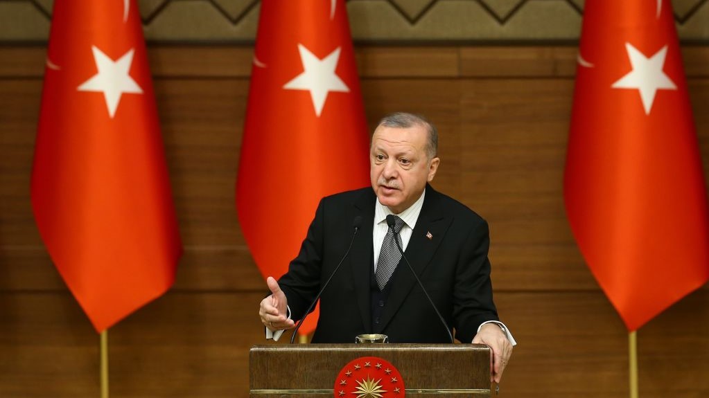  Turkish President Recep Tayyip Erdogan makes a speech as he attends the Symposium on Urban Security at the Presidential Complex in Ankara, Turkey on January 02, 2020.