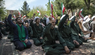 Iranian Clerics chant slogans during an anti-US rally in Tehran on April 14, 2019.