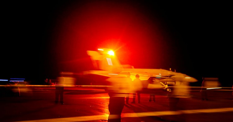 An F/A-18E Super Hornet from Strike Fighter Squadron 86 launches from the flight deck of the Nimitz-class aircraft carrier USS Abraham Lincoln May 10, 2019 in the Red Sea. 