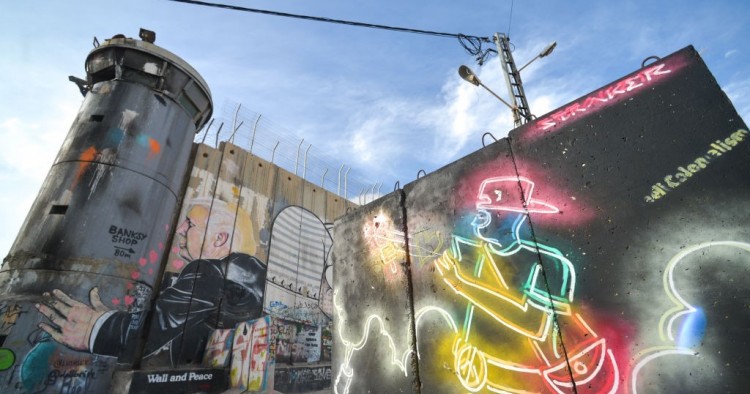 Political and social mural paintings and graffiti on the Israeli West Bank barrier in Bethlehem. 