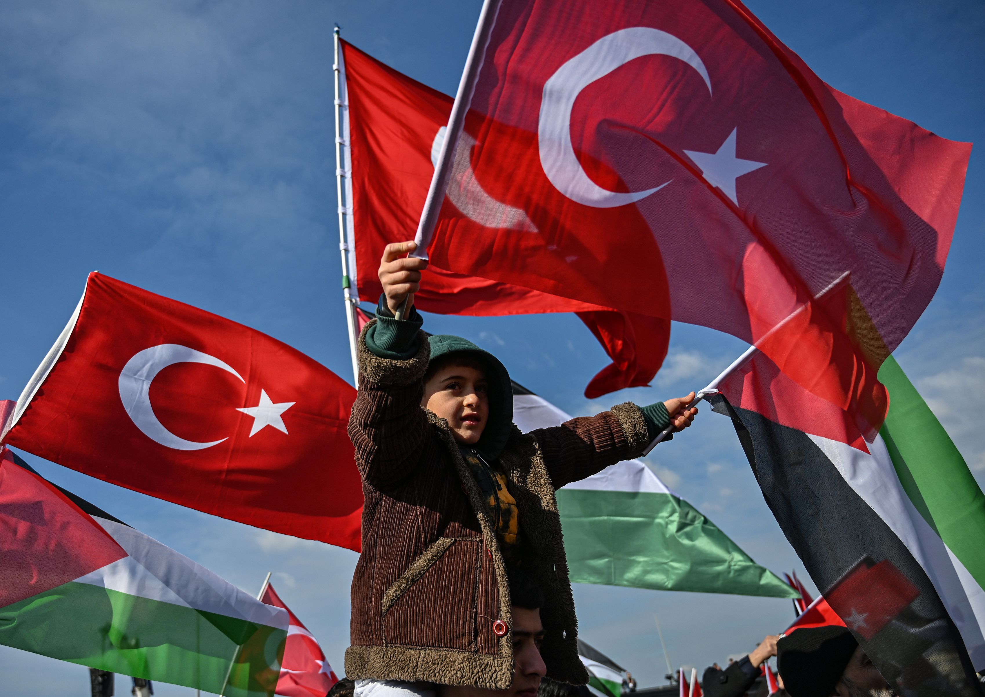 Young boy waves flag for Turkey and Palestine