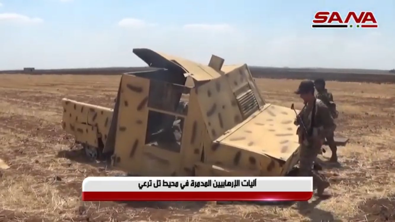 A disabled HTS up-armored SVBIED in a field south of Tell al-Tarei on Aug. 22-23, 2019. Seen here on Syrian state media.