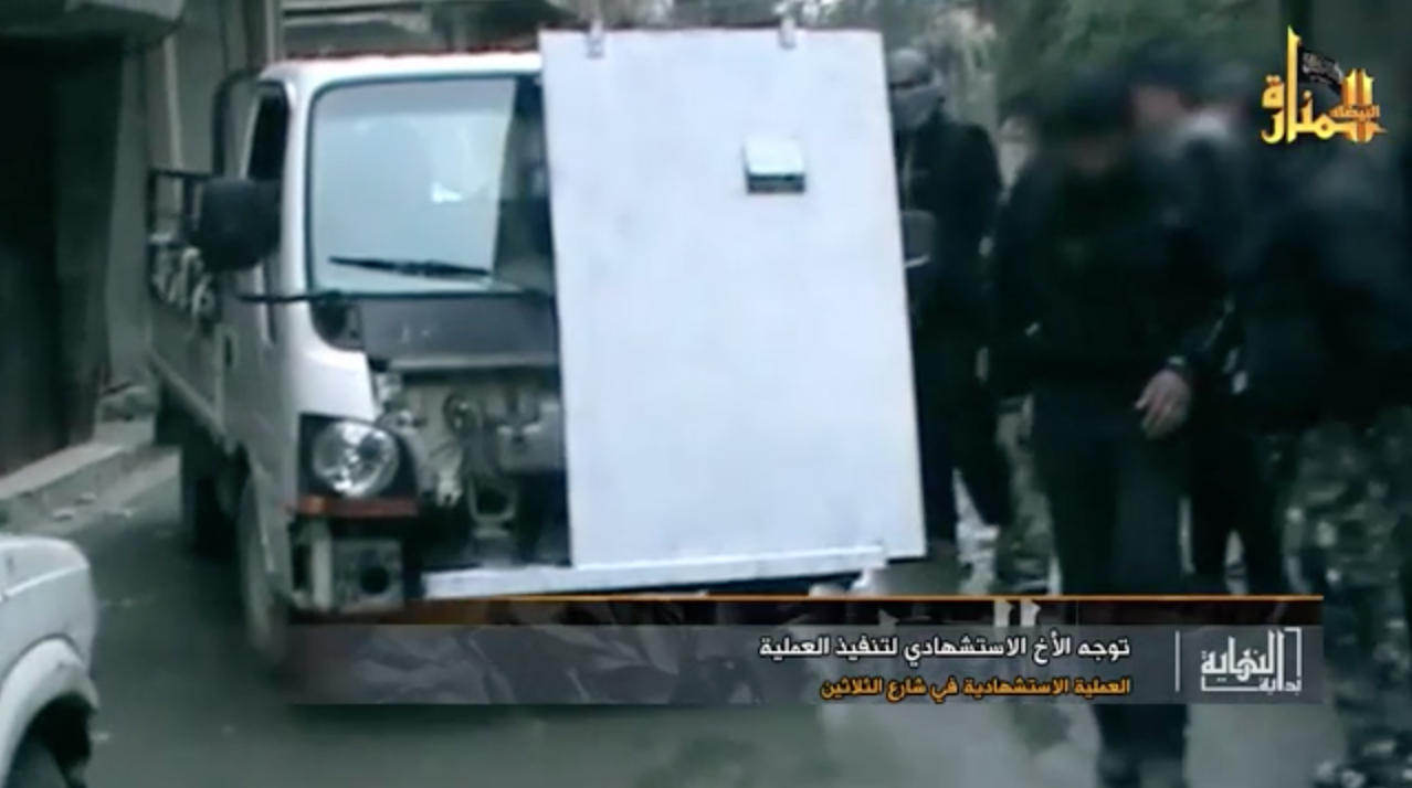 An up-armored SVBIED based on a flatbed truck used by JaN against a Syrian loyalist target in Damascus on Feb. 6, 2013.
