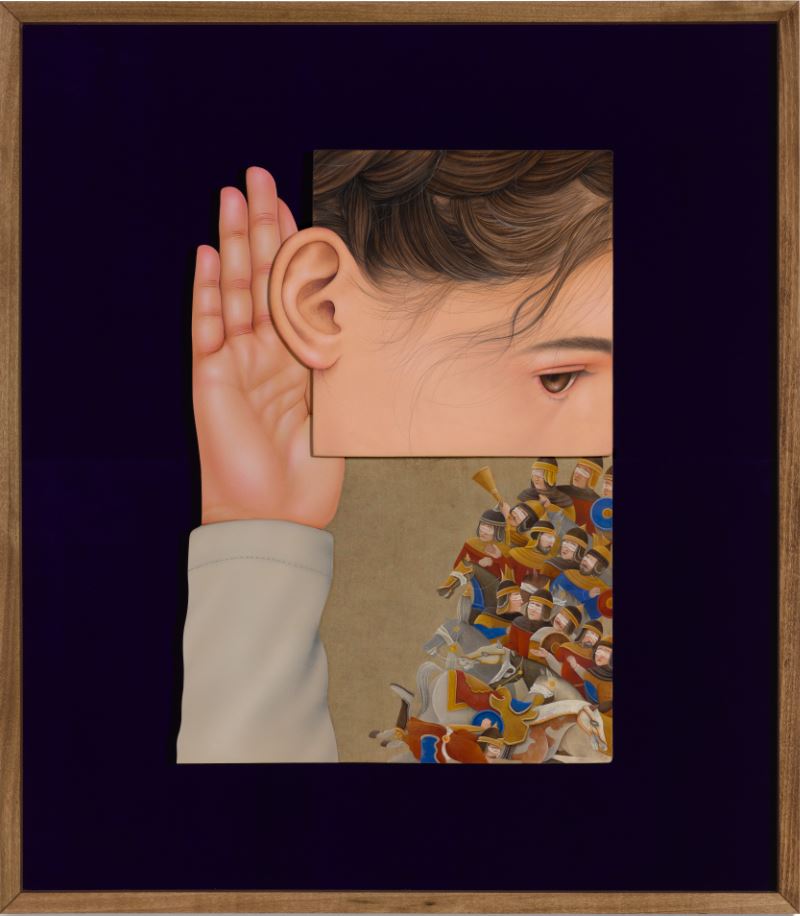 Arghavan Khosravi, Listen, 2021. Acrylic on cotton canvas over wood panel and acrylic on wood cutout, 32 x 28 x 1.5 in. Courtesy of Artist’s Estate and Dastan Gallery.