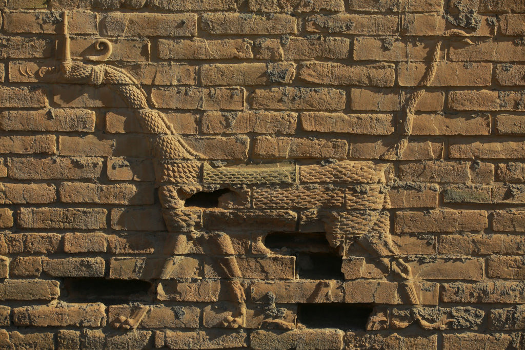 A general view of 'Mushussu' or the Babylonian Dragon on the rebuilt walls of Babylon.