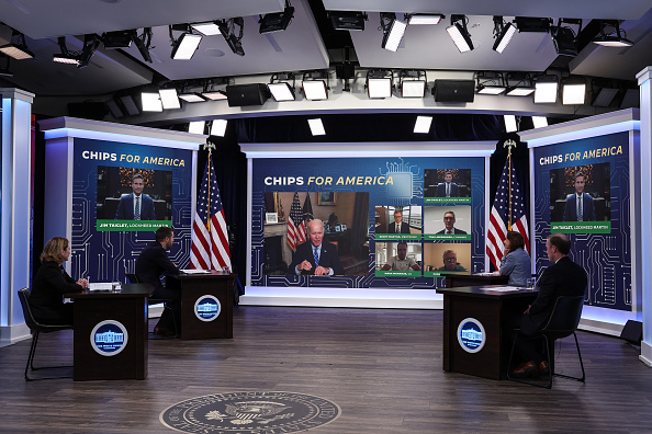 US President Joe Biden participates in a meeting on the Creating Helpful Incentives to Produce Semiconductors (CHIPS) for America Act, July 25, 2022. Photo by Anna Moneymaker/Getty Images.