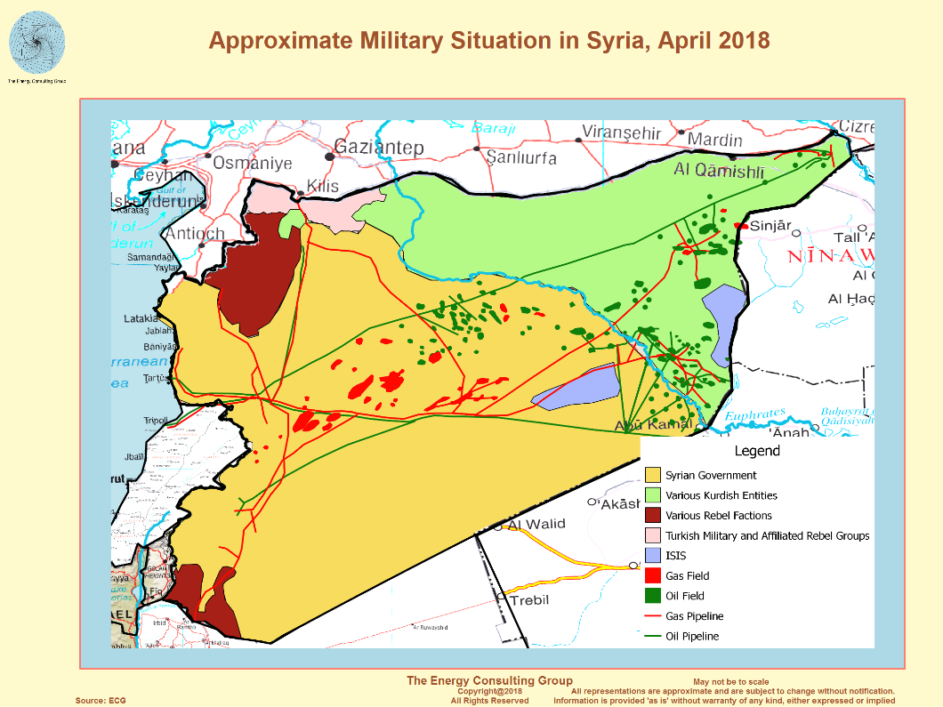Figure 4: Syria energy sources and military control as of April 2018. 