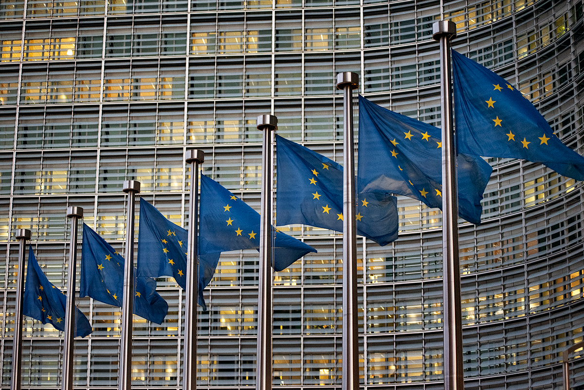 European flags wave in front of the Berlaymont building in Brussels, Belgium, in early 2019. Photo by Michele Spatari/NurPhoto/Getty Images.