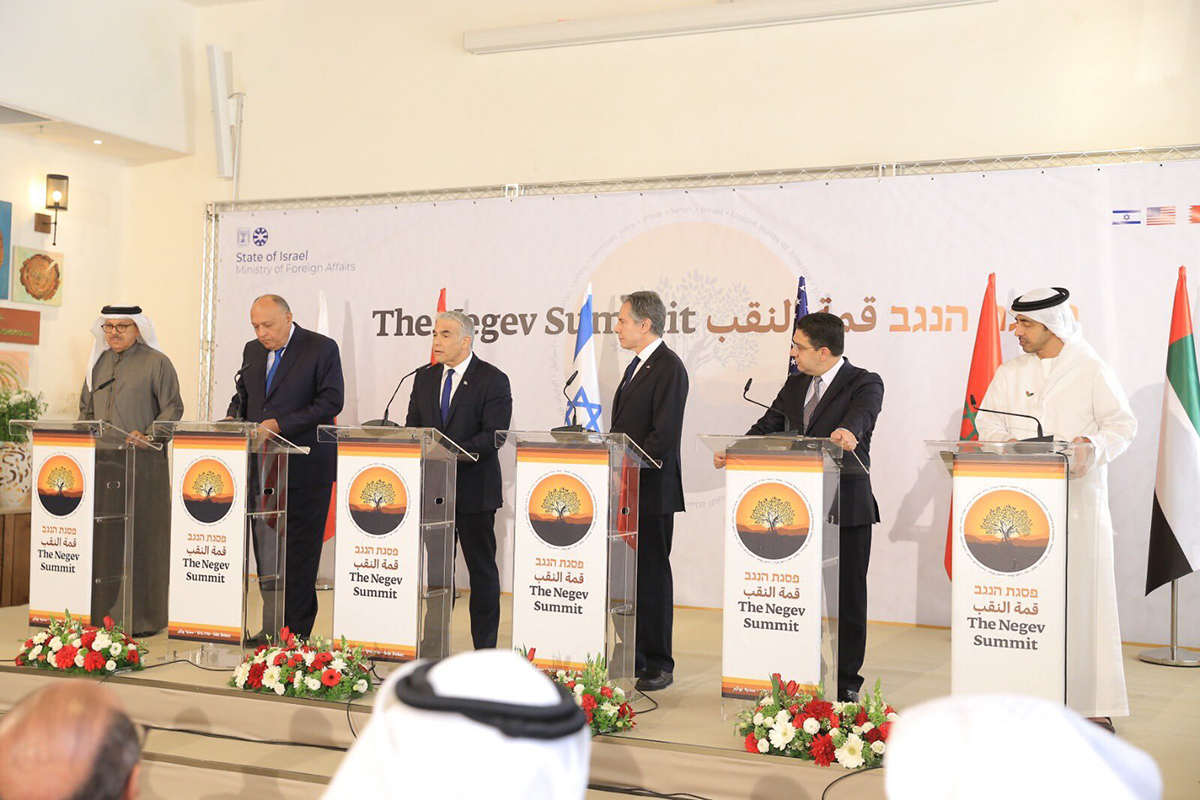Photo above: Foreign ministers from Bahrain, Egypt, Israel, the U.S., Morocco, and the UAE hold a joint press conference during the Negev Summit in Kibbutz Sde Boker, Israel, on March 28, 2022. Photo by Israeli Foreign Ministry/Handout/Anadolu Agency via Getty Images.