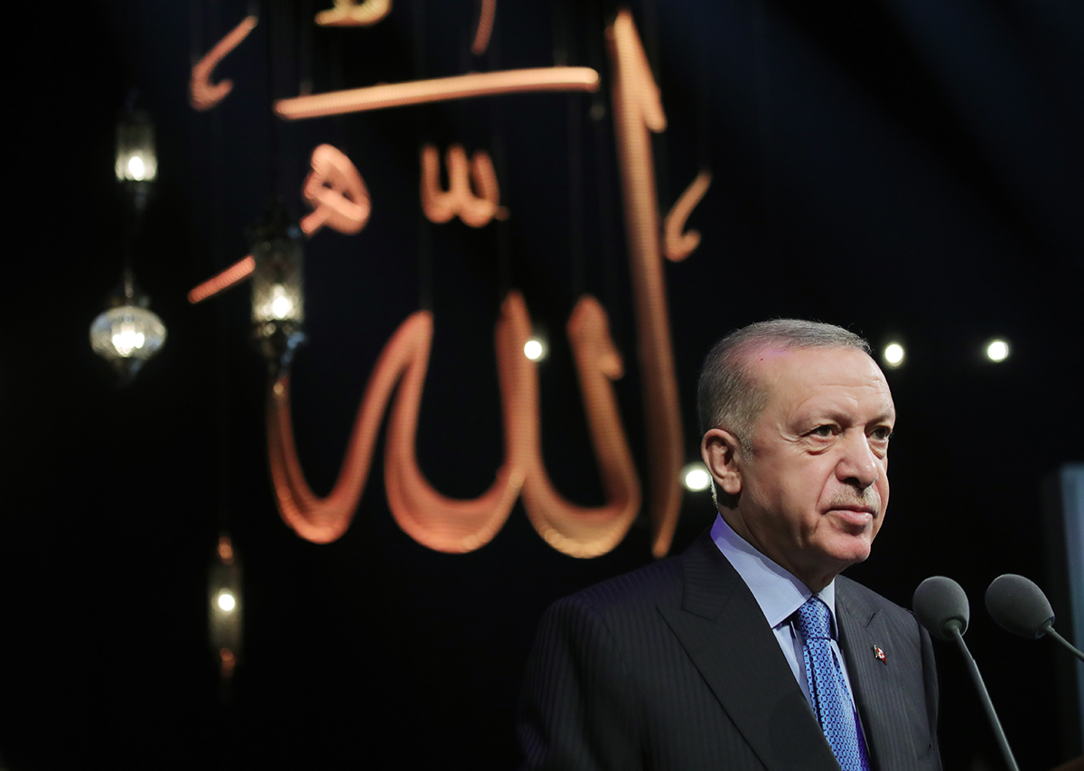 Photo above: Turkish President Recep Tayyip Erdoğan makes a speech during the grand finale of the holy Quran recitation contest in Istanbul, Turkey on April 27, 2022. Photo by Murat Kula/Anadolu Agency via Getty Images.