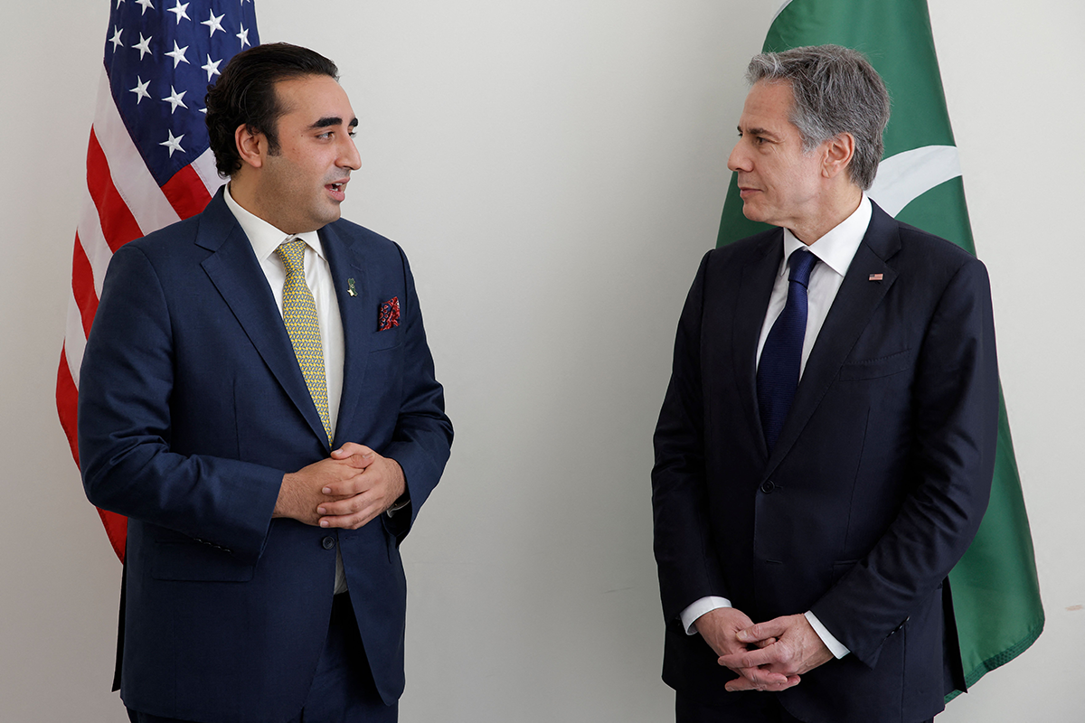 U.S. Secretary of State Antony Blinken (R) meets with Former Pakistani Foreign Minister Bilawal Bhutto Zardari (L) at United Nations headquarters in New York on May 18, 2022. Photo by EDUARDO MUNOZ/POOL/AFP via Getty Images.