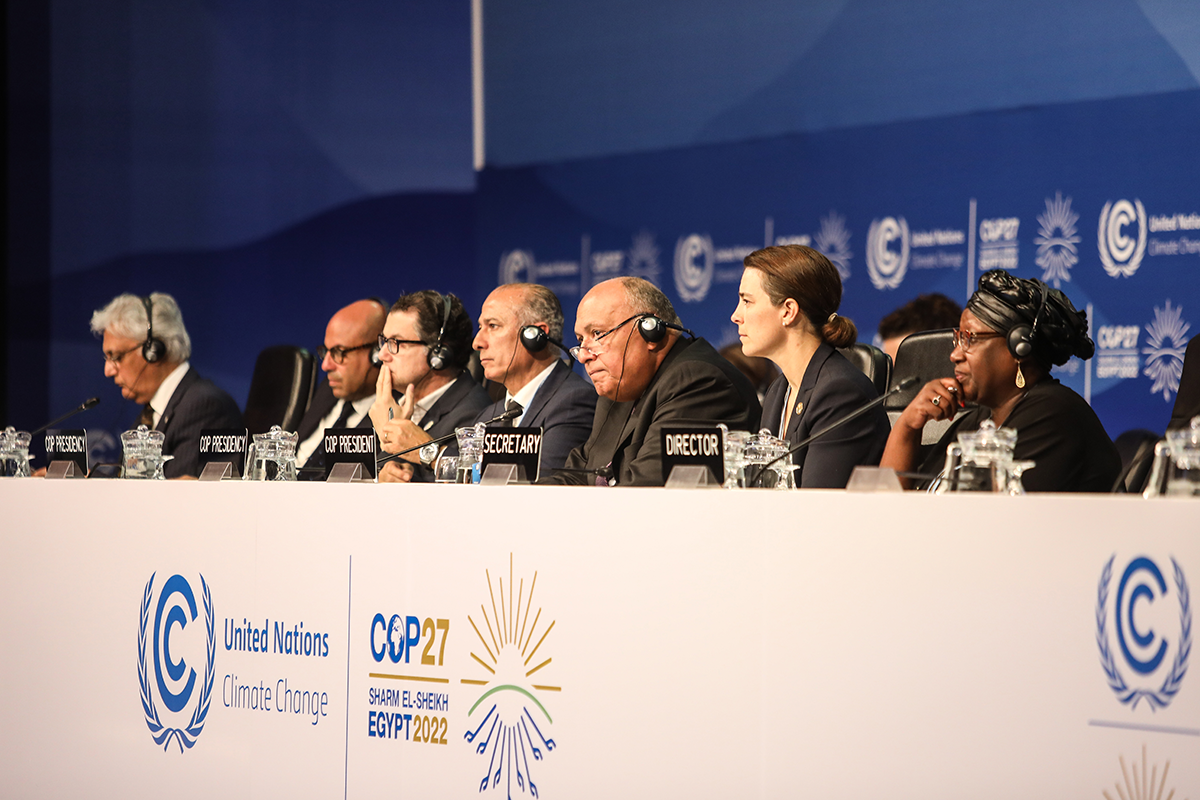 Egyptian Foreign Minister Samih Shukri makes a speech as part of the UN climate summit COP27 held in Sharm el-Sheikh, Egypt on Nov. 18, 2022. Photo by Mohamed Abdel Hamid/Anadolu Agency via Getty Images.