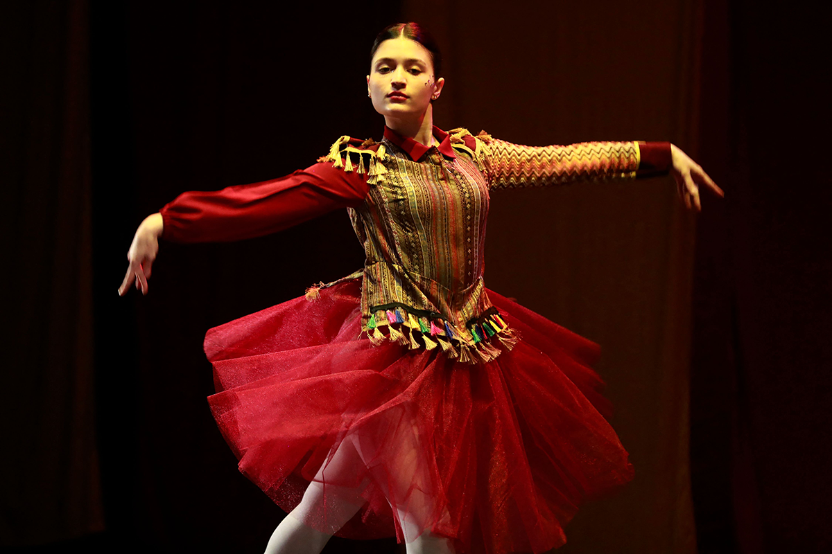 A dancer from the Baghdad Ballet Academy performs in a show entitled "The Four Realms" at Al-Rashid theatre in Baghdad, on Feb. 24, 2023. Photo by AHMAD AL-RUBAYE / AFP) (Photo by AHMAD AL-RUBAYE/AFP via Getty Images)