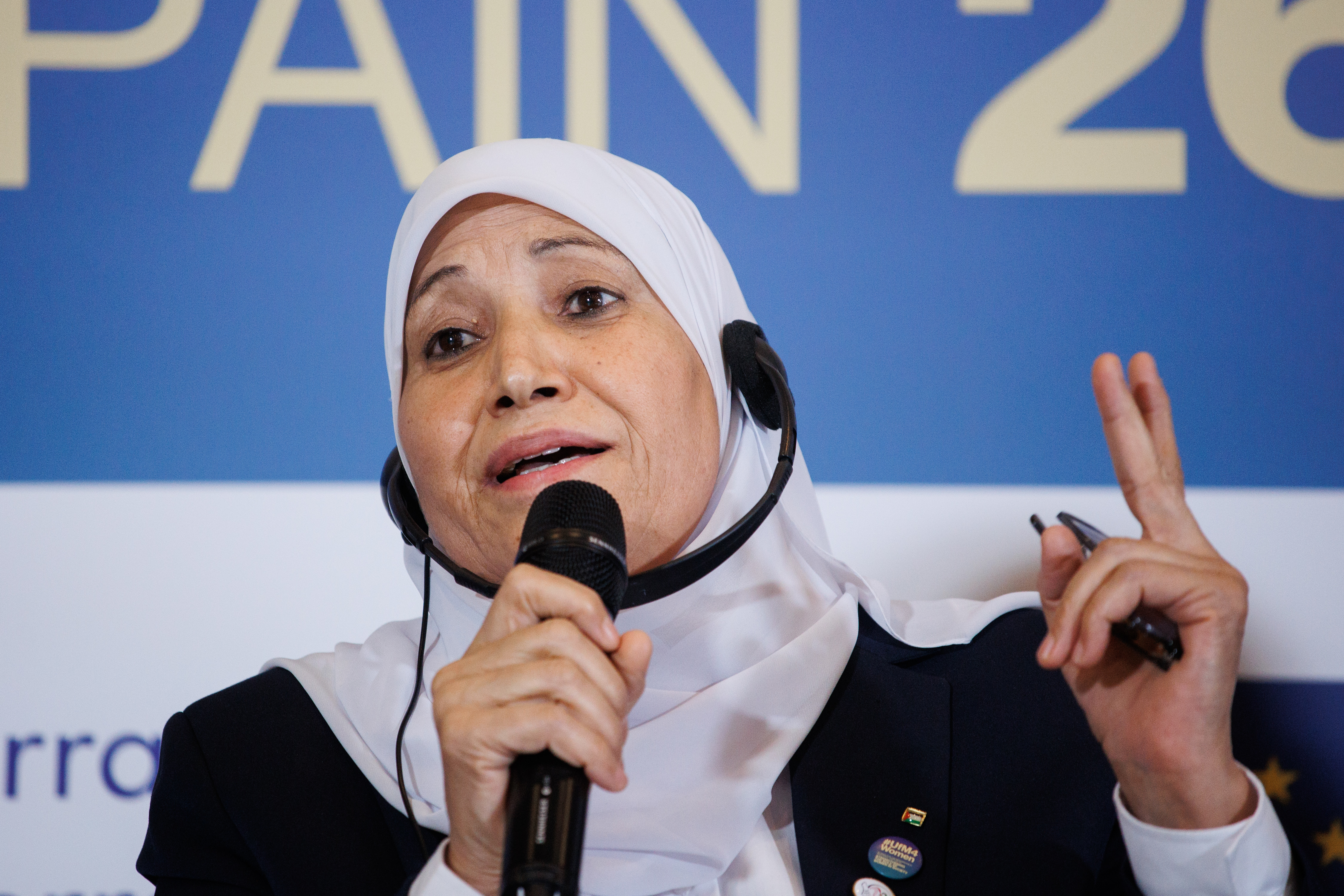 Palestinian Minister of Women’s Affairs Amal Nashwan speaks during the Euro-Mediterranean Conference organized by the Union for the Mediterranean (UfM) in Madrid, Spain on Oct. 26, 2022. Photo By Alejandro Martinez Velez/Europa Press via Getty Images.