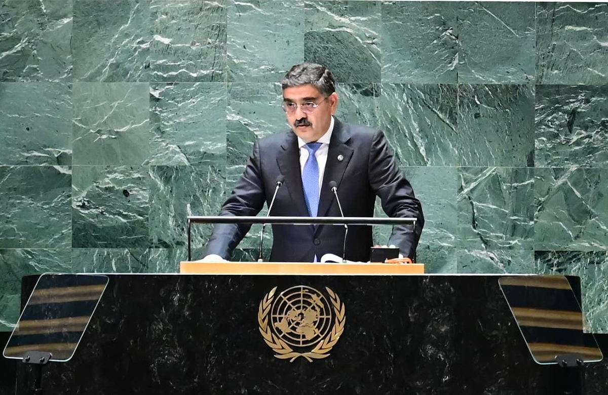 Pakistan’s caretaker Prime Minister Anwaar-ul-Haq Kakar delivers his remarks during the 78th session of the U.N. General Assembly in New York on Sept. 22, 2023. Photo by Pakistan Prime Minister’s Office/Anadolu Agency via Getty Images.