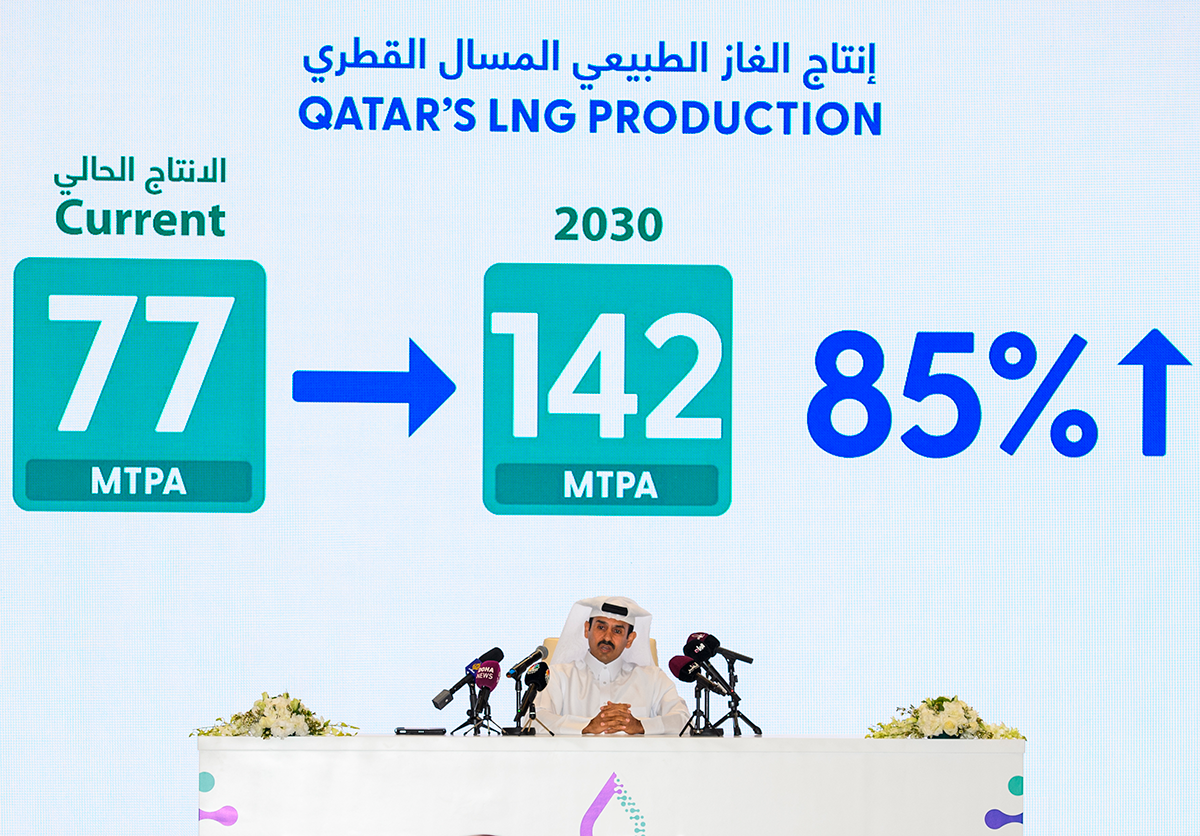 Speaking in Doha, Qatar, on Feb. 25, 2024, Qatari Energy Minister and CEO of QatarEnergy Saad Sherida al-Kaabi announces a new LNG expansion project, the 'North Field West' project, which aims to increase Qatar's LNG production capacity to 142 million tons per annum before the end of this decade. Photo by Noushad Thekkayil/NurPhoto via Getty Images.
