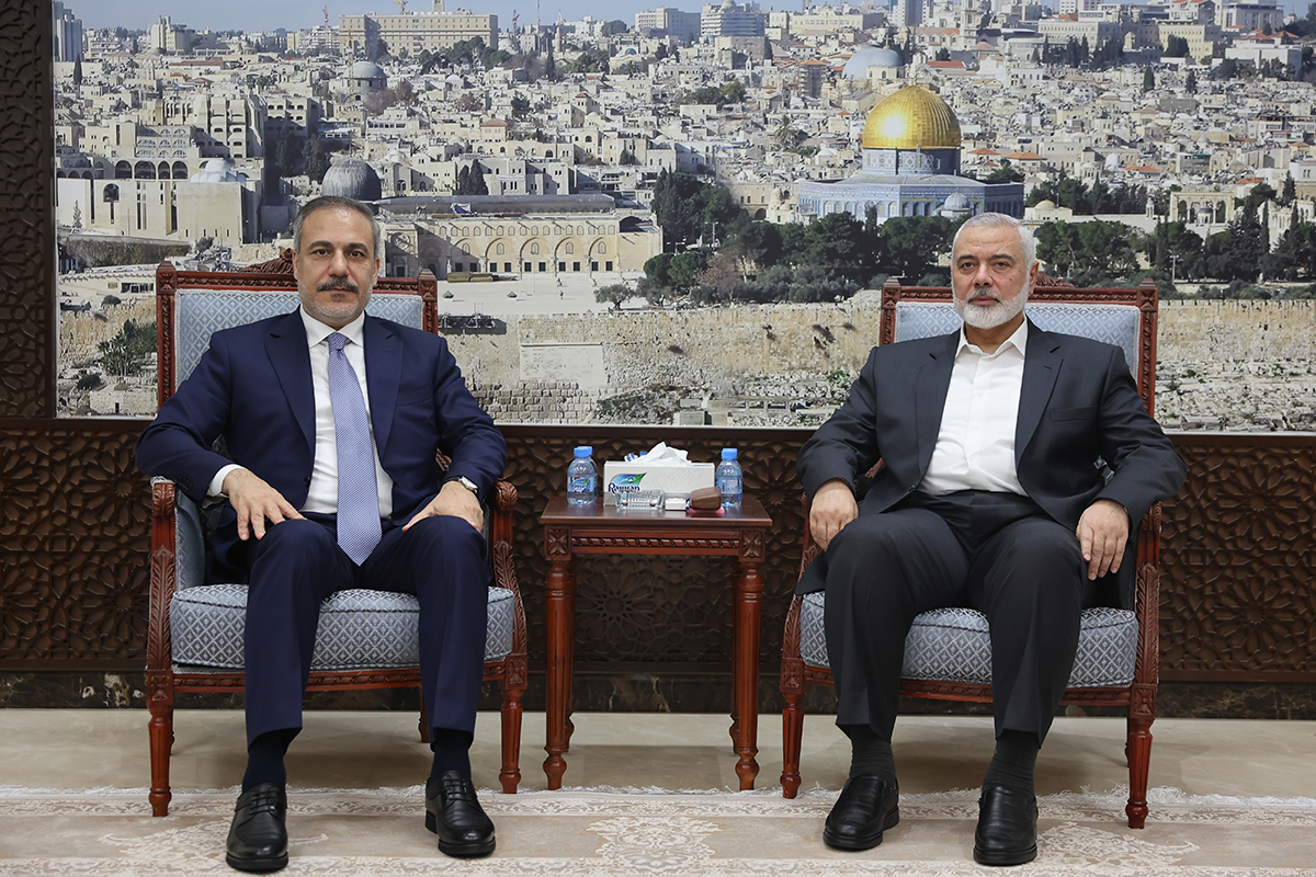 Turkish Foreign Minister Hakan Fidan (L) meets with Hamas Political Bureau Chairman Ismail Haniyeh (R) in Doha, Qatar on June 9, 2024. Photo by Arda Kucukkaya/Anadolu via Getty Images.