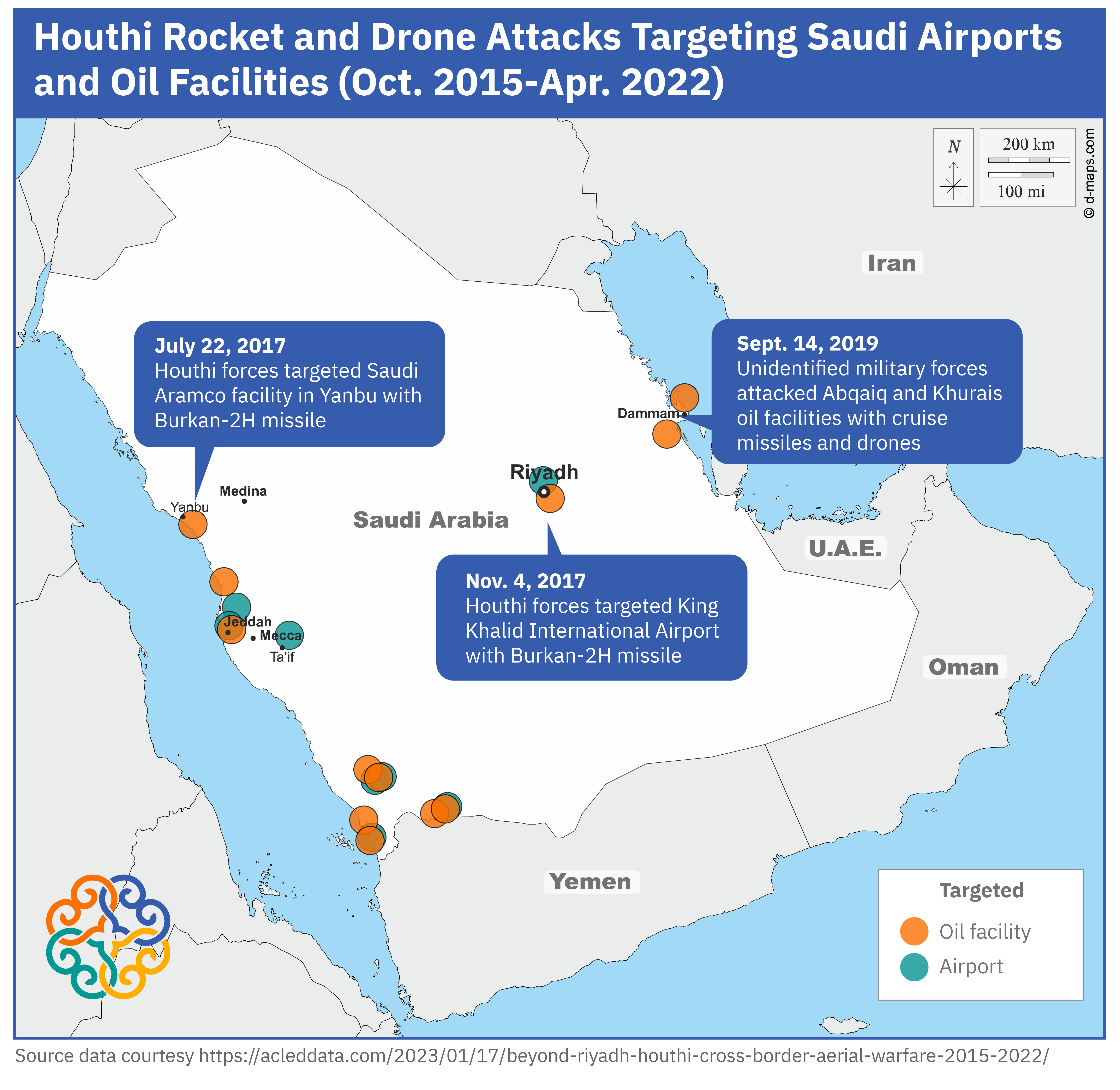 Map of Houthi Rocket and Drone Attacks Targeting Saudi Airports and Oil Facilities