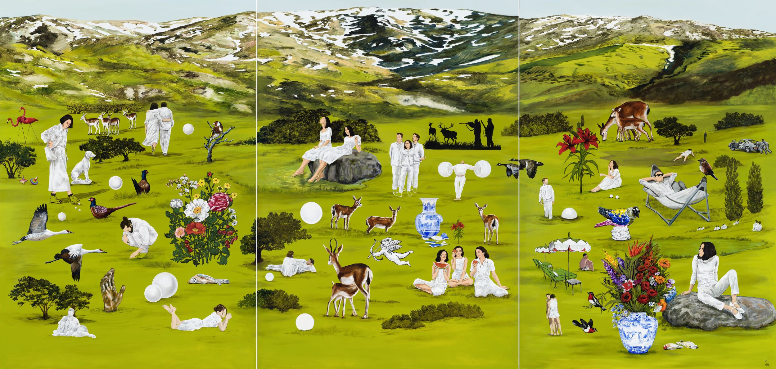 Mahsa Tehrani, A Land of Magnets and Miracles, Oil on canvas, 140x291cm overall, 2023