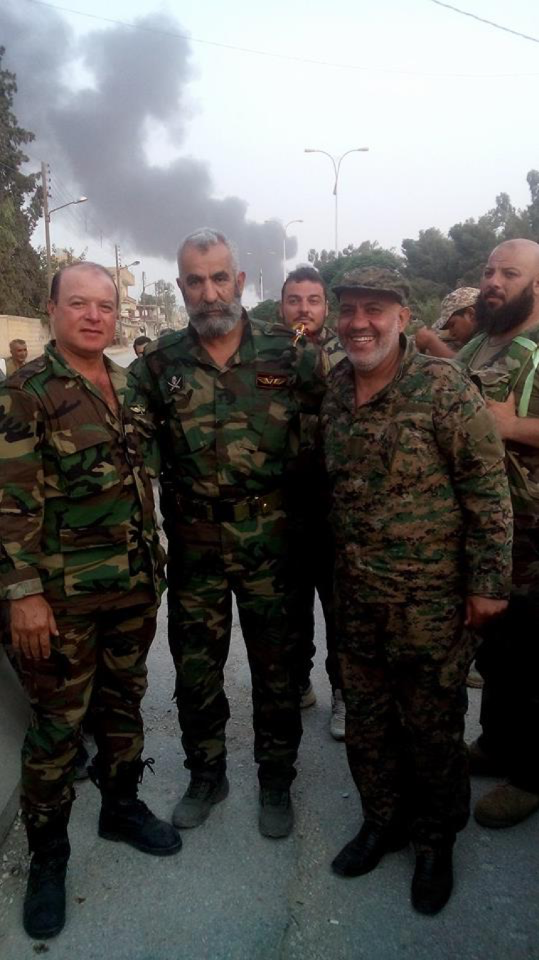 Maj. Gen. Khader (left) with commander of the Republican Guard’s 104th Brigade Issam Zahreddine (center) and Sheikh Fayez Al-Namis, commander of Hasakah-based tribal militia, in Geweran neighborhood, June 2015.