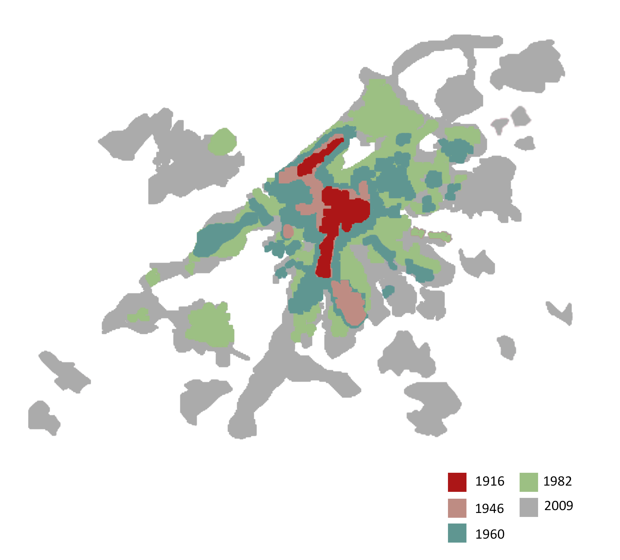 Urban growth in Damascus (1916 - 2009). Source: ETH Studio Basil