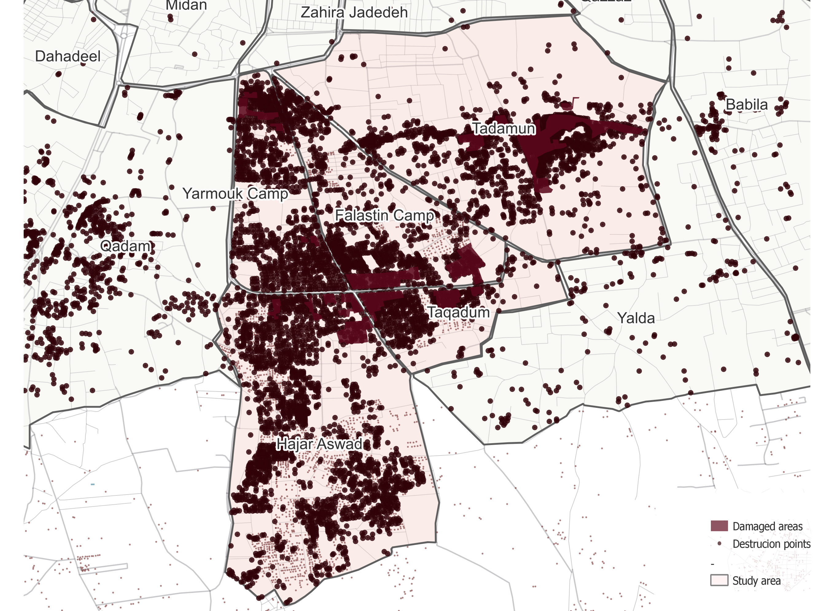 Map 12: Level of destruction of southern Damascus Source: UNOSAT (2016), updated by author based on satellite images (2023)