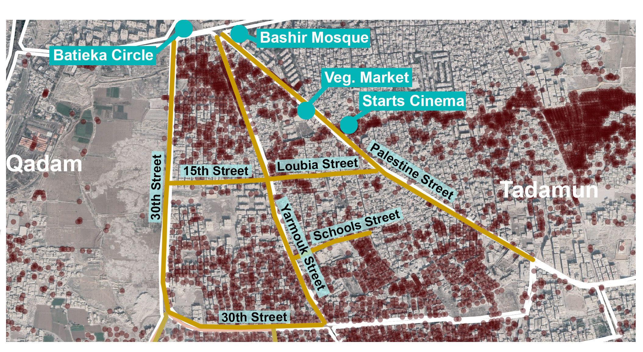 Map 13: Main landmarks in Yarmouk Camp and Tadamun Source: Author