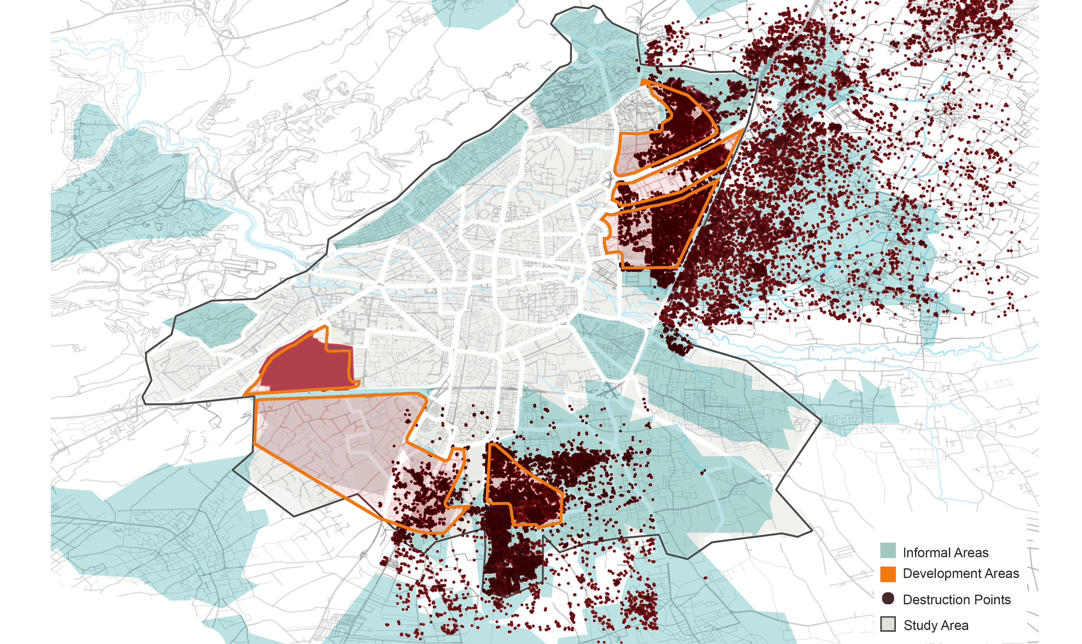 Map 6: Destruction, informal areas, and regulatory plans in Damascus, Source: Author