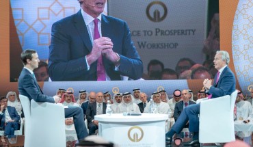 US-led economic conference in Bahrain MANAMA, BAHREIN - JUNE 26: Former British Prime Minister Tony Blair (R) and Jared Kushner (L), U.S. President Donald Trumps senior White House adviser and son-in-law attend U.S.-led workshop in Manama, Bahrain on June 26, 2019. U.S.-led conference opened in Bahrain on Tuesday, during which U.S. officials are expected to unveil the economic portion of the American back-channel Middle East peace plan known as "deal of the century". (Photo by BNA - Pool/Anadolu Agency/Gett