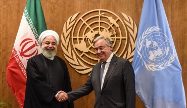 The President of Iran Hassan Rouhani shakes hands with UN Secretary-General António Guterres during the United Nations General Assembly at the United Nations on September 25, 2019 in New York City.