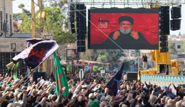 Shiite Muslims watch a televised speech by Hassan Nasrallah, the Lebanese Shiite Hezbollah movement leader, in the city of Baalbek in Lebanon's eastern Bekaa Valley on October 19, 2019.