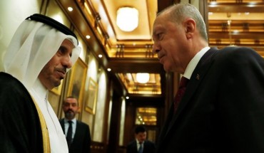 Turkish President Recep Tayyip Erdogan (R) shakes hands with Qatari Prime Minister Sheikh Abdullah bin Nasser bin Khalifa Al Thani (L) following their meeting at the Presidential Complex in Ankara, Turkey on October 30, 2019.