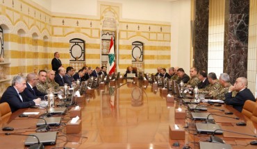 President of Lebanon Michel Aoun, Lebanese President Saad Hariri, Lebanese Army Commander Joseph Aoun and other ministers and officials attend Lebanon's Higher Defense Council meeting on "Lebanon's Security" at Baabda Presidential Palace in Beirut, Lebanon on February 07, 2018.