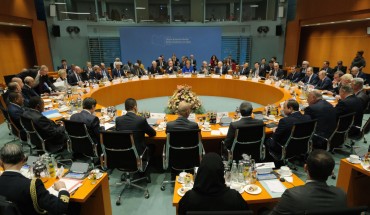 The main session at an international summit on securing peace in Libya at the Chancellery begins on January 19, 2020 in Berlin, Germany.