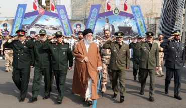 Iranian Supreme Leader Ayatollah Ali Khamanei (C) and Islamic Revolutionary Guard Corps commander Hossein Salami (L2) participate in the Khatam al-Anbia Air Defense University graduation ceremony in Tehran, Iran on October 30, 2019.