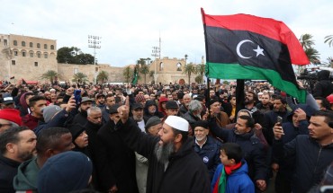 Thousands of people gather at Martyr's Square within a funeral ceremony held after an airstrike on a military school in the south of the Libyan capital of Tripoli by jets loyal to renegade military commander Khalifa Haftar, in Tripoli, Libya on January 05, 2020. 
