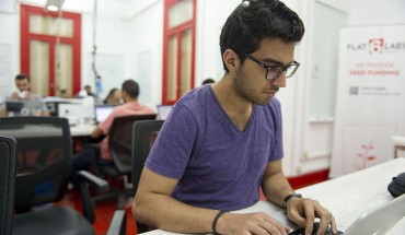 Social entrepreneur, Amr Sobhy, CEO of Pushbots, works in the office space at Flat6Labs on November 7, 2012 in Cairo, Egypt. 