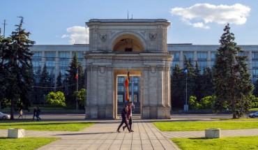 The Triumphal arch opposite the Government House in central Chisina, the capital of Moldova. 