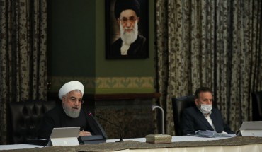  Iranian President Hassan Rouhani makes a statement on coronavirus, at the cabinet meeting in Tehran, Iran on March 11, 2020. Except President Rouhani, all of the members of the cabinet participated in the meeting with protective masks. 