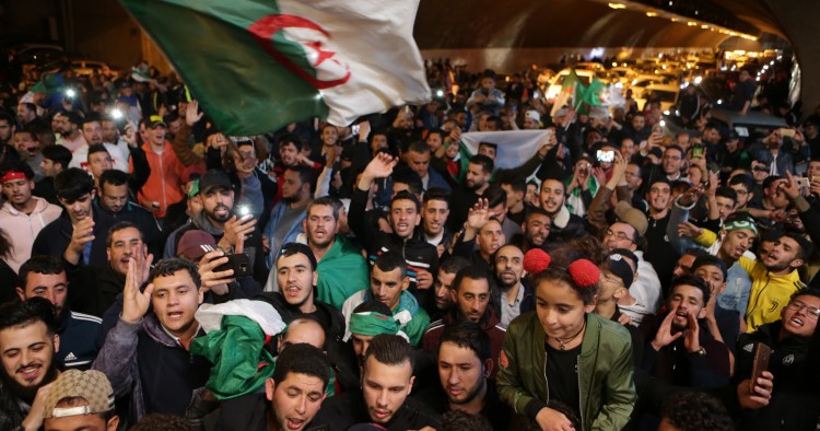 Hundreds of people celebrate during a demonstration after the resignation of Algerian President Abdelaziz Bouteflika, on April 02, 2019 in Algiers, Algeria.