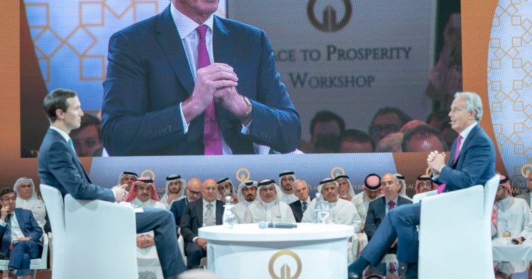 US-led economic conference in Bahrain MANAMA, BAHREIN - JUNE 26: Former British Prime Minister Tony Blair (R) and Jared Kushner (L), U.S. President Donald Trumps senior White House adviser and son-in-law attend U.S.-led workshop in Manama, Bahrain on June 26, 2019. U.S.-led conference opened in Bahrain on Tuesday, during which U.S. officials are expected to unveil the economic portion of the American back-channel Middle East peace plan known as "deal of the century". (Photo by BNA - Pool/Anadolu Agency/Gett