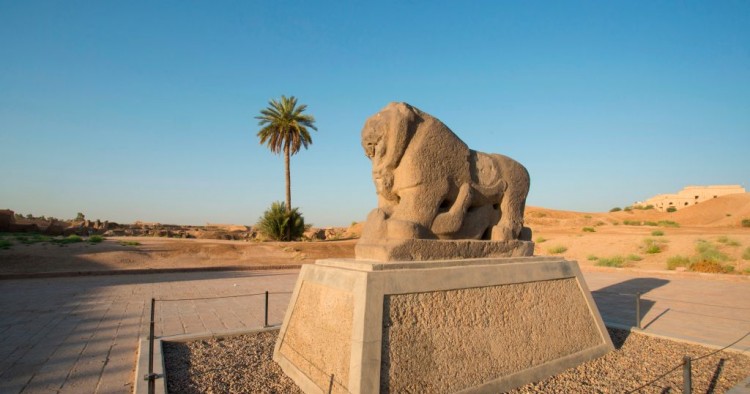 A picture taken on June 29, 2019 shows the Babel's Lion at the ancient archaeological site of Babylon, south of the Iraqi capital Baghdad.