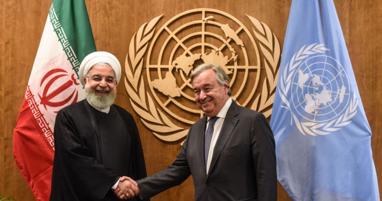 The President of Iran Hassan Rouhani shakes hands with UN Secretary-General António Guterres during the United Nations General Assembly at the United Nations on September 25, 2019 in New York City.