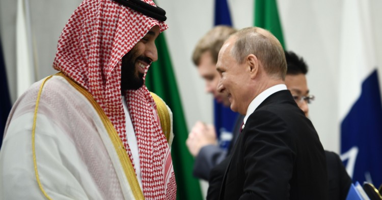 Saudi Arabia's Crown Prince Mohammed bin Salman and Russia's President Vladimir Putin attend a meeting at the G20 Summit in Osaka on June 28, 2019. (Photo by Brendan Smialowski / AFP) (Photo credit should read BRENDAN SMIALOWSKI/AFP/Getty Images)
