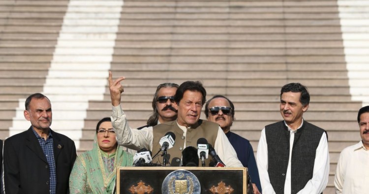 Pakistan's Prime Minister, Imran Khan (Front) addresses the gathering as they take part in an human chain in solidarity with Indian Kashmiri Muslims, in Islamabad on October 11, 2019.