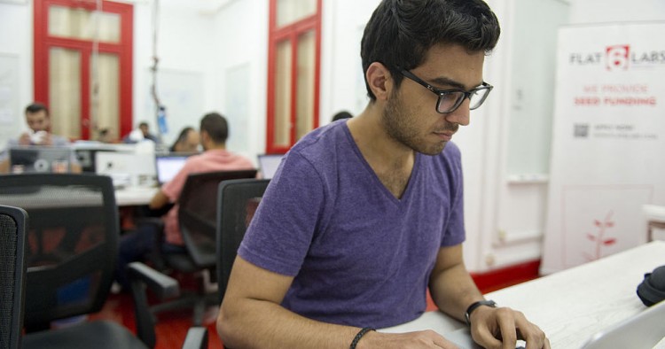 Social entrepreneur, Amr Sobhy, CEO of Pushbots, works in the office space at Flat6Labs on November 7, 2012 in Cairo, Egypt. 