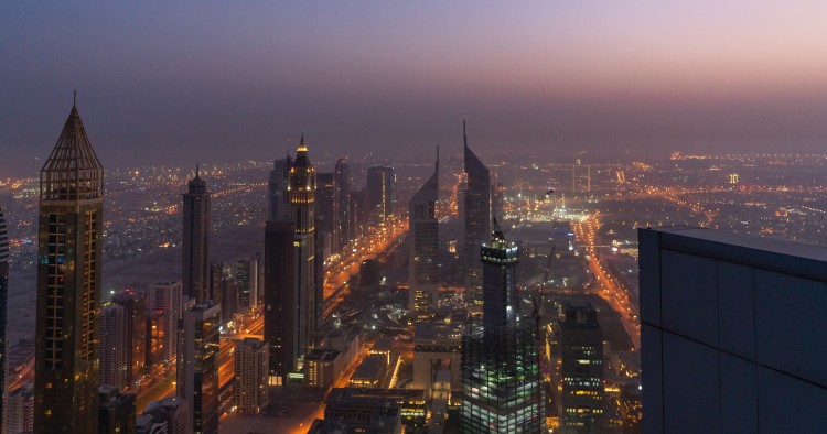 The Dubai Skyline at sunrise on August 24, 2018 in Dubai, United Arab Emirates