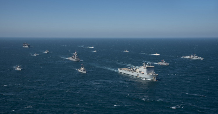 Ships from partner nations of Combined Task Force North participate in a photo exercise during International Maritime Exercise/Cutlass Express (IMX/CE) 2022 in the Arabian Gulf.