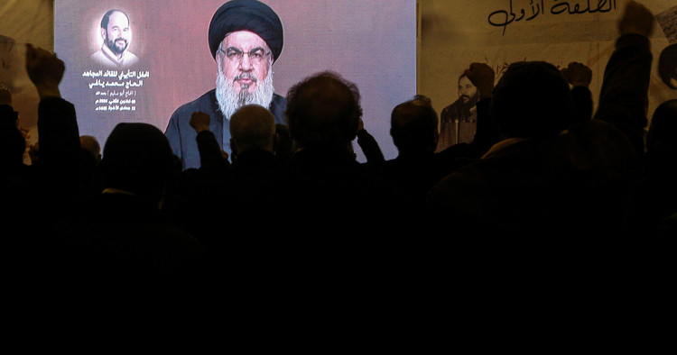 05 January 2024, Lebanon, Baalbek: Secretary General of pro-Iranian Hezbollah Hassan Nasrallah addresses his supporters through a televised speech in the city of Baalbeck. Photo: Marwan Naamani/dpa (Photo by Marwan Naamani/picture alliance via Getty Images)