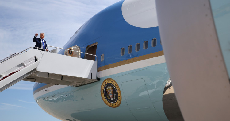 U.S. President Donald Trump boards Air Force One on May 12, 2025, at Joint Base Andrews, Maryland. President Trump is traveling to Saudi Arabia, the first stop on his four-day Middle East visit and the first international trip of his second term. Photo by Win McNamee/Getty Images